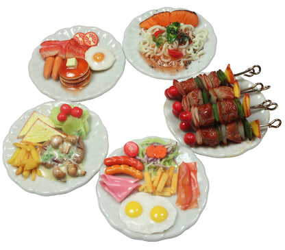 5 Assorted Miniature Breakfast Food Set – Pancake, Barbecue Grill, and Spaghetti – Handcrafted Dollhouse Miniature Food on Ceramic Plates 1.3” Diameter, 1/6 Scale, Handmade Realistic Mini Food Decor