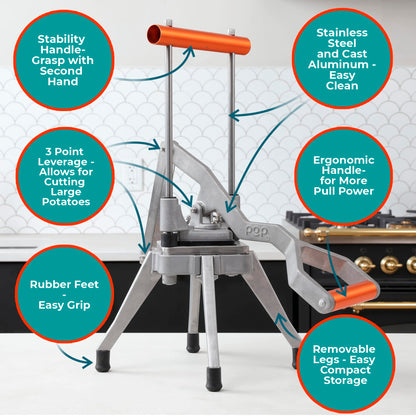 Commercial Grade French Fry Cutter, Sweet Potato & Yam Capable, Removable Legs and Case for Compact Storage, 3 Blade Sizes (1/4"- 3/8"- 6-Wedge), Potato, Fruit and Vegetable Slicer & Dicer by POP
