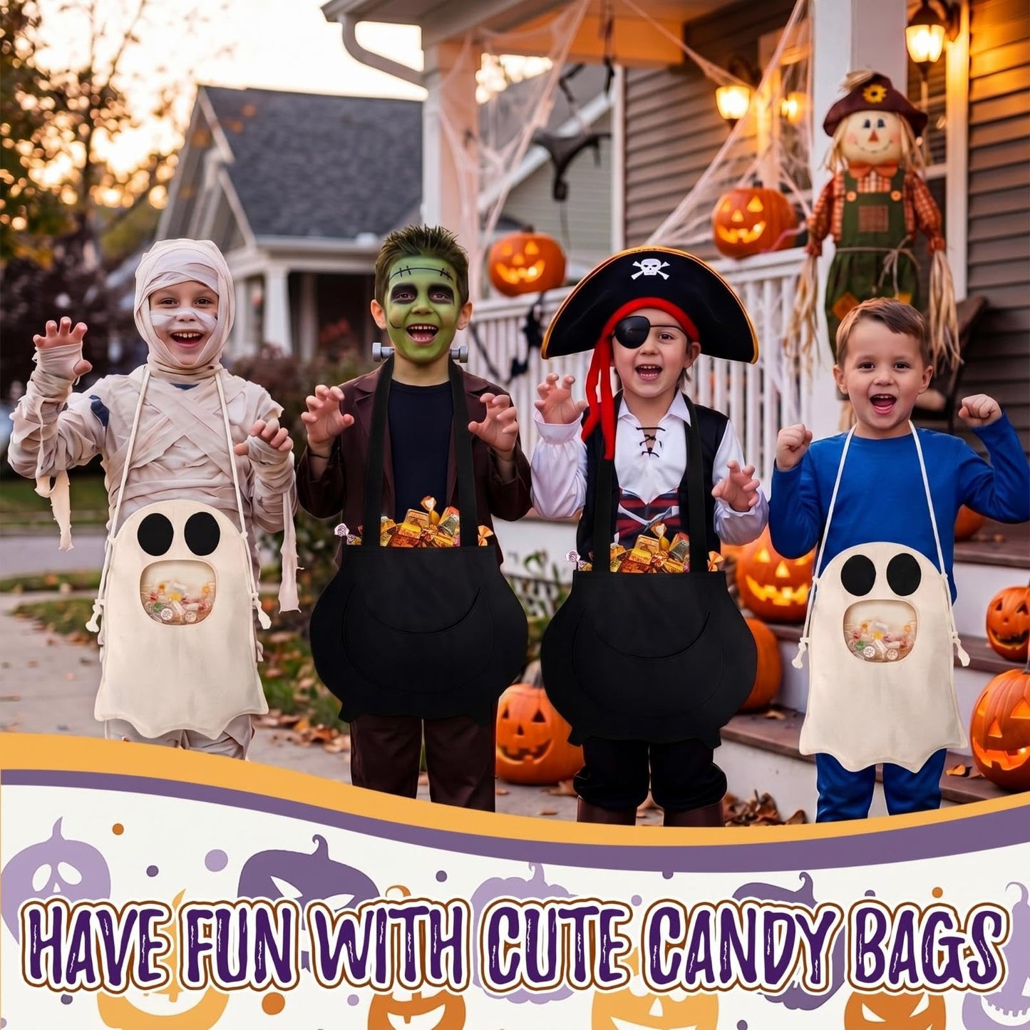 HunnmingRe Halloween Trick or Treat Tote Bag Cotton Reusable Cauldron Candy Bag Bolsitas Para Dulces De Cute Cauldron Bucket and Basket for Trick or Treat Gift Halloween Party Favor