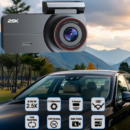 Yonvim Dash Cam Front and Rear 2.5K + 1080P QHD Dual Dash Camera for Cars 3.39” IPS Dashcam, Night Vision, G-Sensor Loop Recording, 64GB Card Included, 160° Wide Angle, 24H Parking Mode