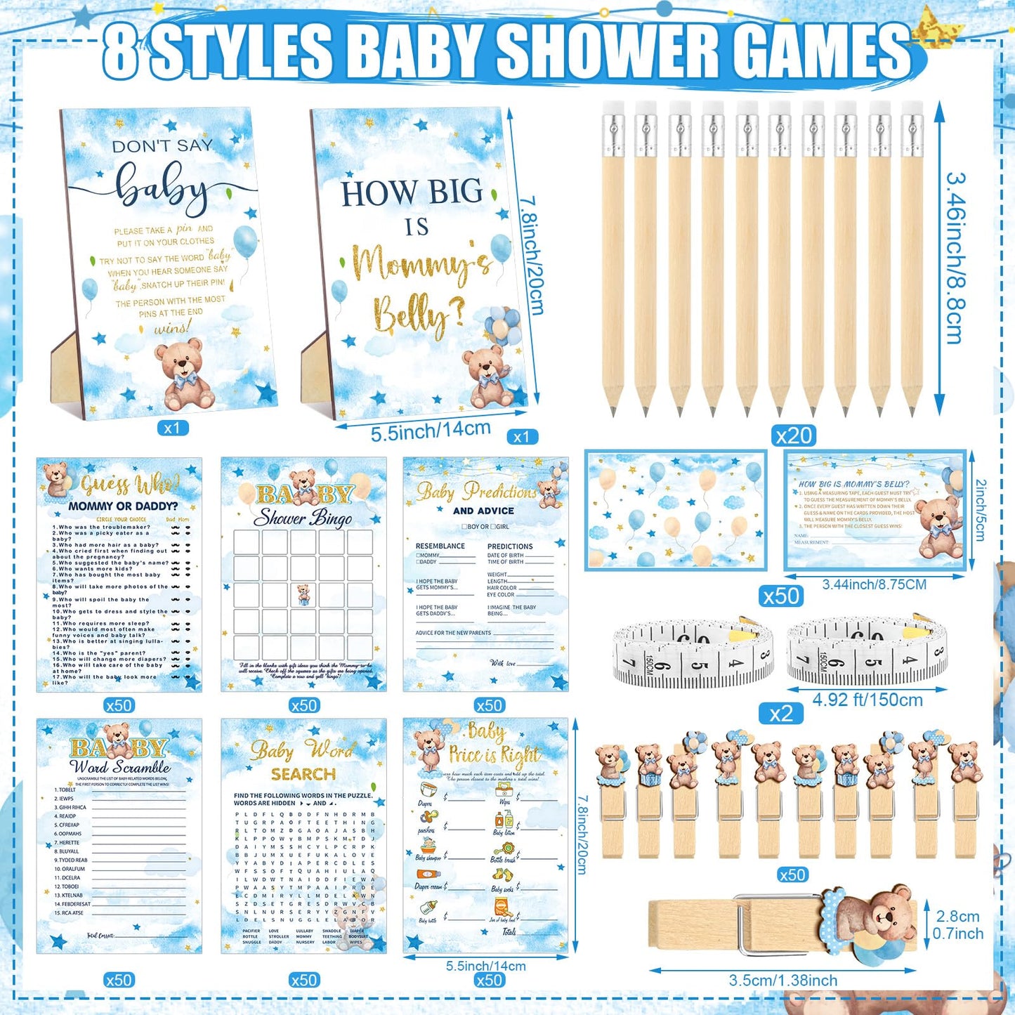 Funnymoom 426 Pcs Blue Theme Bear Baby Shower Decorations Games Set-8 Games Includes Bearly Wait Baby Shower Decorations Bingo Prediction and Advice How Big is Mommy's Belly Don't Say The Words