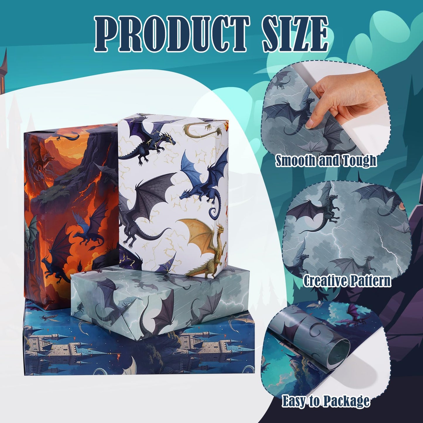 12 Sheets Magic Dragon Wrapping Papers, Cool Dragon Gift Wrap Papers with Castle Volcano, Fantasy Gift Packing Paper Art Paper for Boys Girls Birthday Baby Shower Magical Party Decor, 28 x 20IN