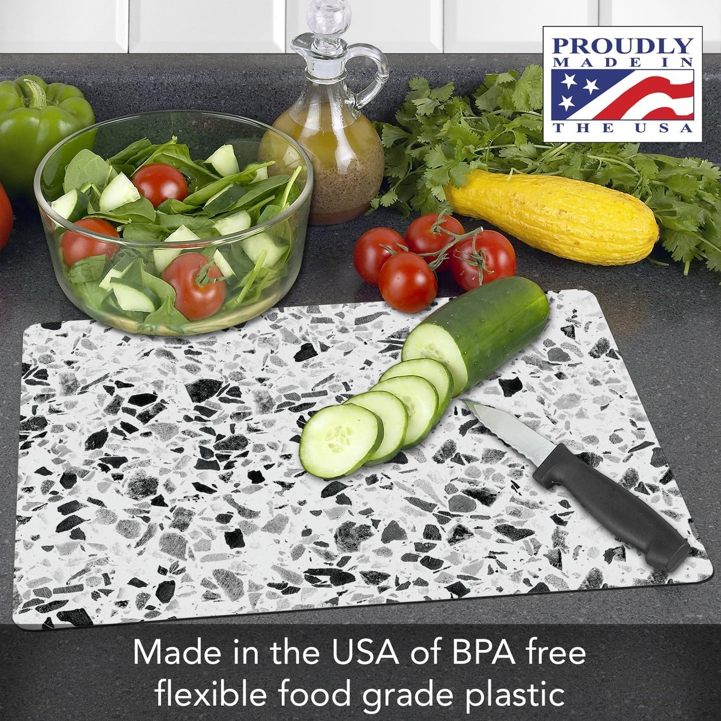 Cut N' Funnel Terrazzo Designer Flexible Plastic Cutting Board Mat, 15" x 11.5", Made in the USA, Easy to Clean