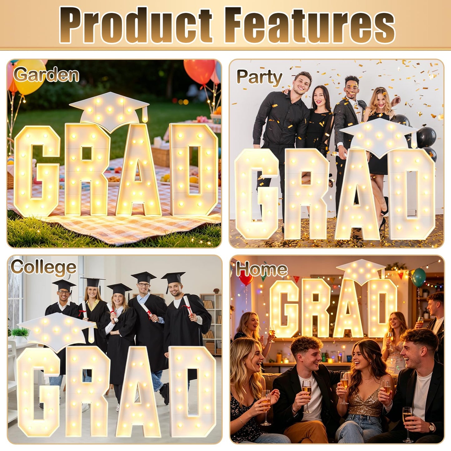 Zealor 2026 Graduation Decorations 3.3FT GRAD Marquee Letters with Lights Class of 2026 Large Prom Light-Up Letters with Graduation Hat Pre-Cut Foam Board Frame for Ceremonies Party Senior Photo Props