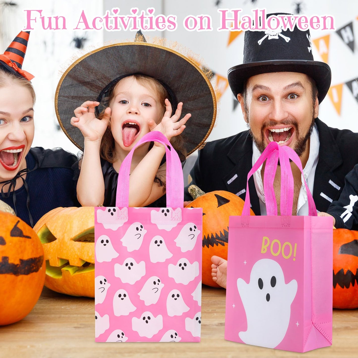 Wovnet 30 Pcs Halloween Party Favor Gift Bags Ghost Boo Pink Reusable Non Woven Goodie Treat Bags with Handle Horror Theme for Halloween Party Supplies 10 x 8 x 4in