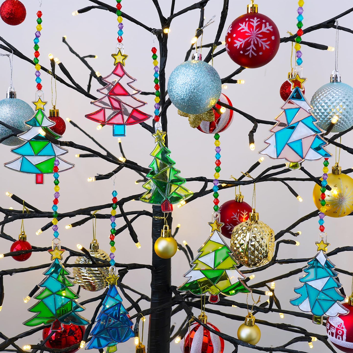 Winlyn 24 Sets Christmas Tree Suncatchers Ornaments Decorations DIY Window Paint Art Suncatchers Winter Crafts Painting Kits for Kids Classroom Activities Art Project Party Favors