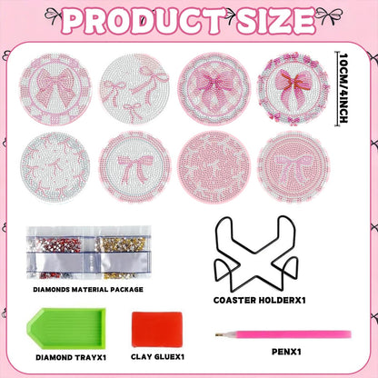 8 Pcs Diamond Painting Coasters,Diamond Painting Kits,Pink Bow Diamond Art Coasters,5D DIY Full Drill Diamond Dots,Gem Art Kits for Adults Arts and Crafts Supplies