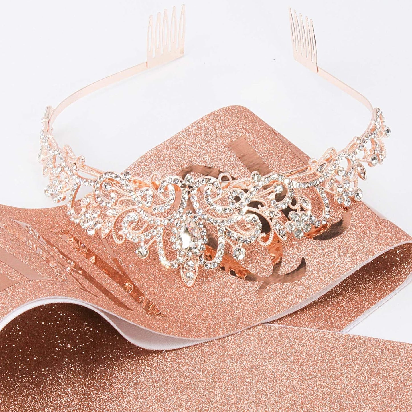 Didder Tiaras for Women, Crystal Rose Gold Birthday Queen Sash, Elegant Princess Crown with Combs for Girls Party