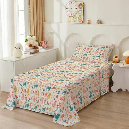 Bedmoon Girls Twin Sheets, Kids Green Cat Kitty Cute Animal Soft Microfiber Twin Sheets & Pillowcases with Corner Straps
