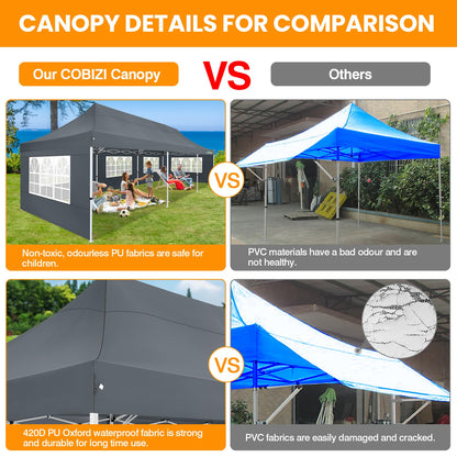 COBIZI 10x30 Pop up Canopy with Roller Bag & 8 Removable Sidewalls, Canopy Tent for Parties, Wedding, and Commercials, Waterproof and Instant Shelter UV50+ Outdoor Gazebo with 4 Sandbags(Gray)