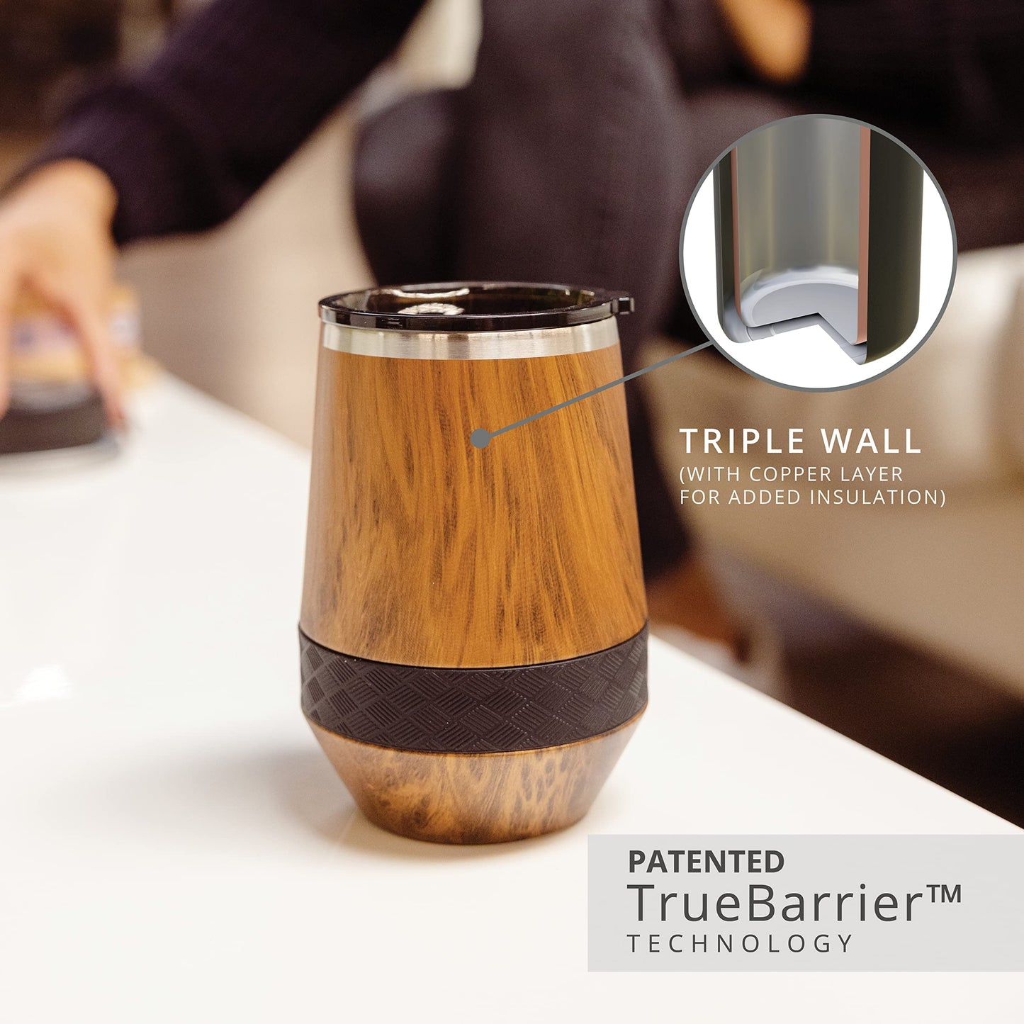 Elemental Recess Wine Tumbler - Triple Wall Insulated Stainless Steel Coffee Mug for Hot & Cold Drinks - Portable Cup with Shatterproof Sip Lid for Camping, Outdoor & Travel - 10oz - Teak Wood