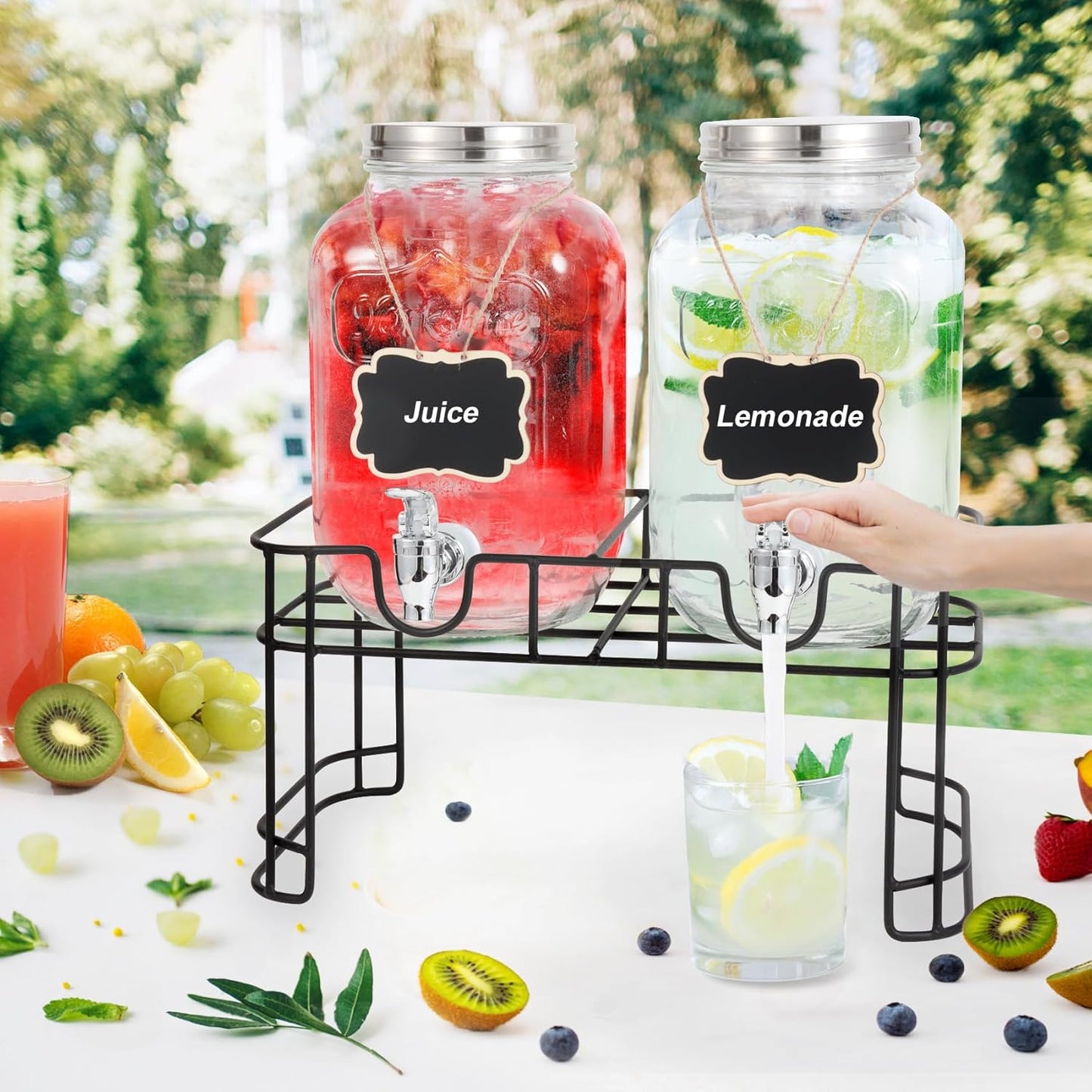 1 Parties-Set 2,Drink Gallon Glass Drink Dispensers For of Dispenser with Fruit Infuser & Stand,Juice or Beverage
