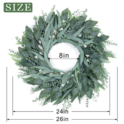 26" Eucalyptus Wreath for Front Door - Large Artificial Greenery Outdoor Wreath for Porch, Window,Farmhouse,Home,Holiday,Hanging Decor- Spring, Summer, Fall, All Seasons (Green)