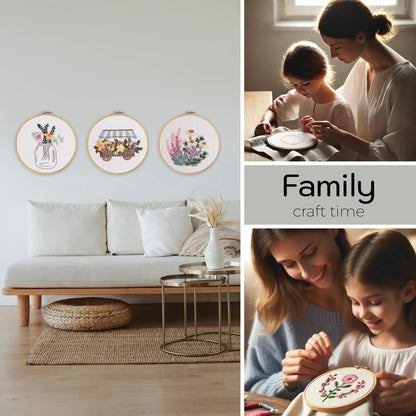 Looples Embroidery Kit for Beginners and Adults with Video Tutorials – DIY Starter Kit with 3 Stamped Floral Patterns, Hoops, Threads, Needles, and Instructions - Cart, Glass Jar, and Flowers