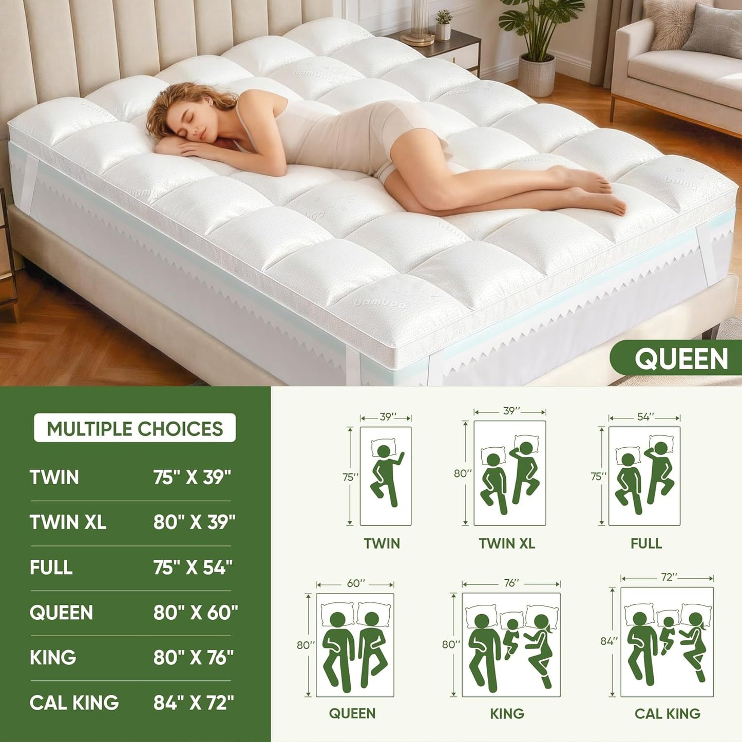 Skiennix Extra Thick Memory Foam Mattress Topper - Dual Layer 2.5" Gel Foam & Bamboo Pillow Top | Queen Size 80x60x5in