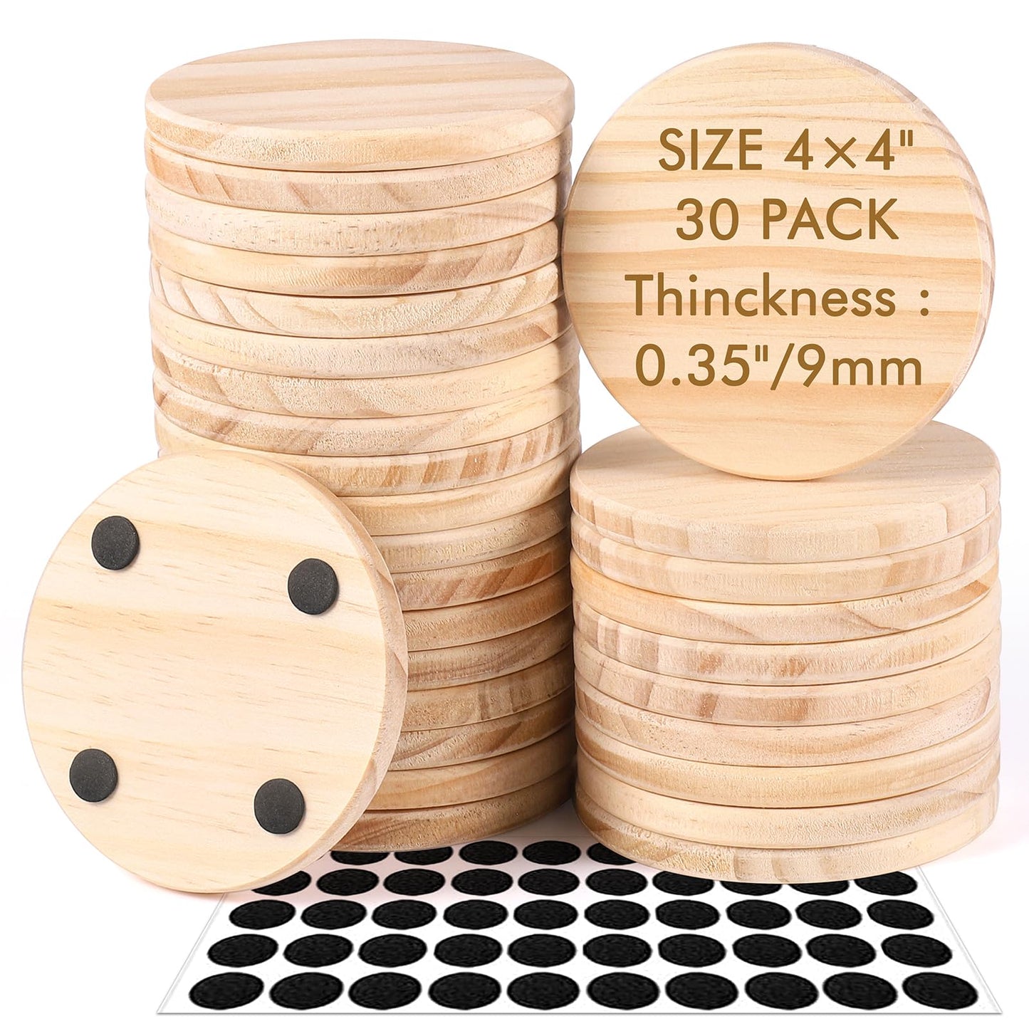 30 Pieces Unfinished Wood Coasters, 4 Inch Round Blank Wooden Coasters for Crafts with Non-Slip Silicon Dots for DIY Stained Painting Wood Engraving Home Decoration