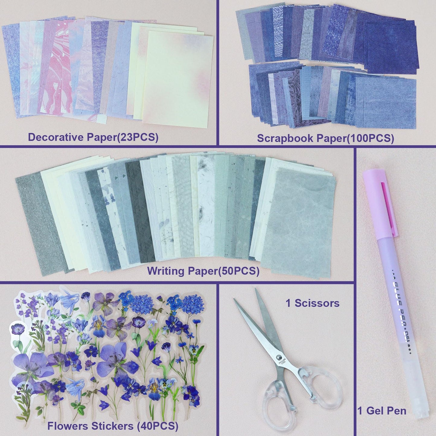 Koqye 215PCS Aesthetic Scrapbook Paper Pack, Junk Journal Supplies Starter Kit with Floral Stickers, Scissor, Quick Dry Glue Pen, Scrapbook Kit for Planner DIY Arts Craft Collage(Mystic Amethyst)