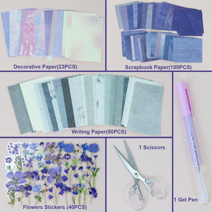 Koqye 215PCS Aesthetic Scrapbook Paper Pack, Junk Journal Supplies Starter Kit with Floral Stickers, Scissor, Quick Dry Glue Pen, Scrapbook Kit for Planner DIY Arts Craft Collage(Mystic Amethyst)
