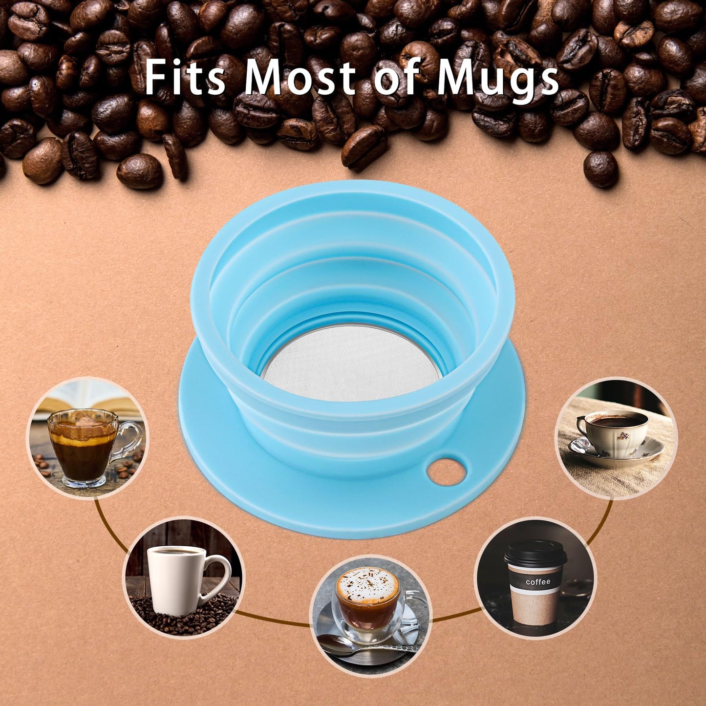 2-Packs Travel Collapsible Paperless Pour Over Coffee Dripper Kit with Stainless Steel Filter, Travel Pour Over Coffee Maker Camping, Silicone Coffee Strainer Pour Over Single Cup (Brown+Black)