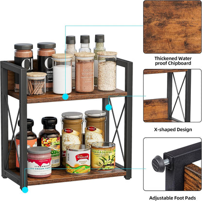 Giikin Counter Shelf Organizer, 2 Tier Kitchen Spice Rack for Countertop, Rustic Brown Wood Coffee Counter Organizer