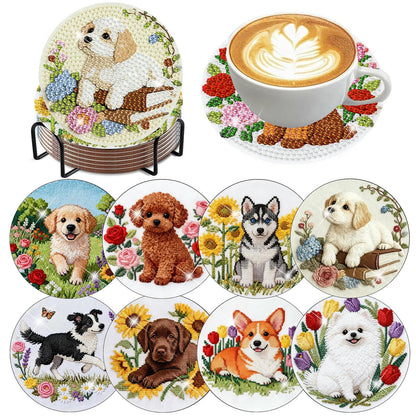 mrpwnle 8 Pcs Dog Diamond Art Coasters Kit for Adults, Cute Dog Diamond Painting Coasters with Holder Cork Pads, DIY Diamond Art Non Slip Coaster Crafts Kits for Adults Beginners Gifts
