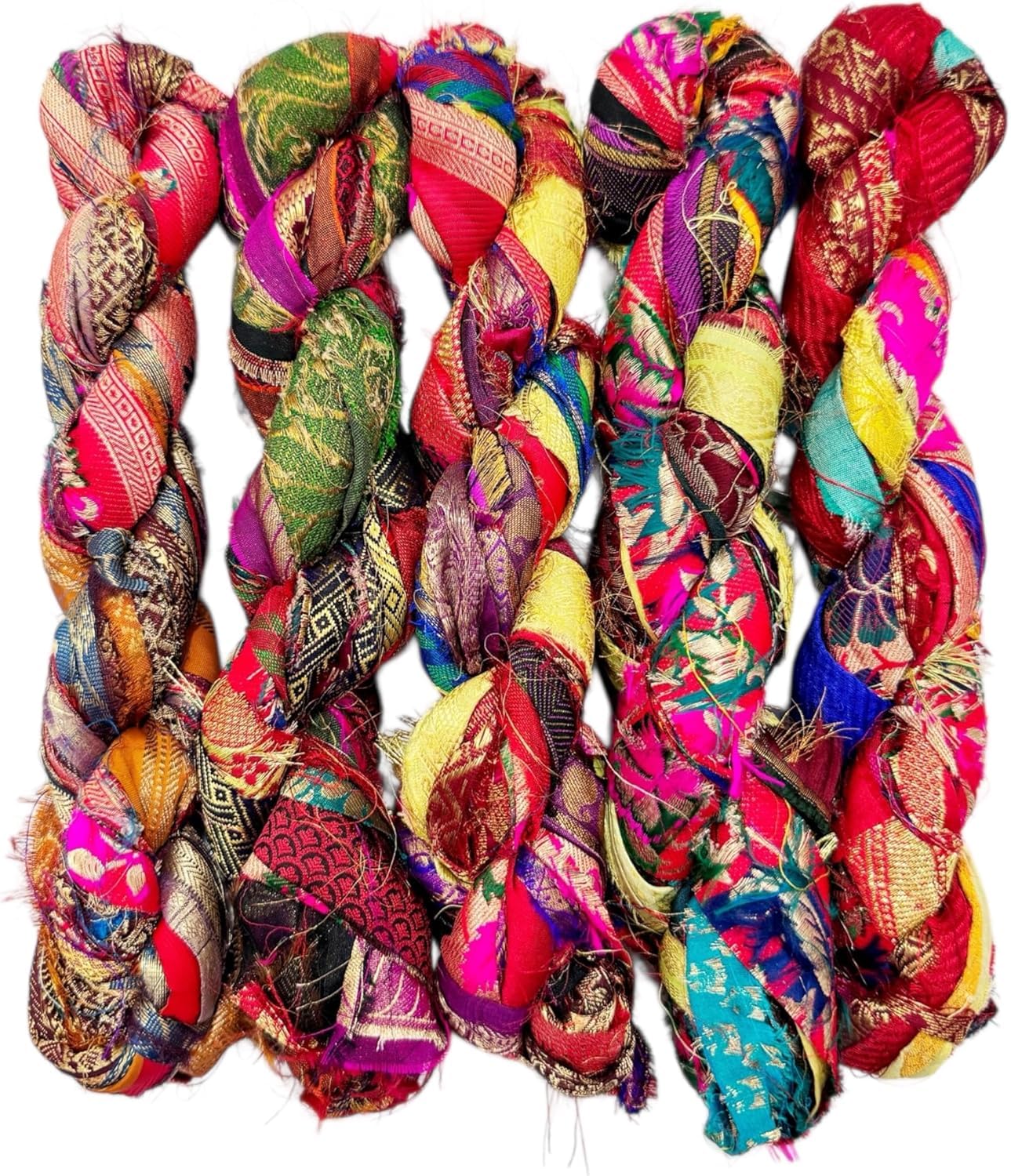 42 Yards Recycled Sari Silk Ribbon Yarn Strips – 42 Pcs 1 Yard Each, Unstitched Pure Silk Fabric Tassel Skeins, Mixed Random Shades for Journaling, Scrapbooking, Jewelry & Craft Projects