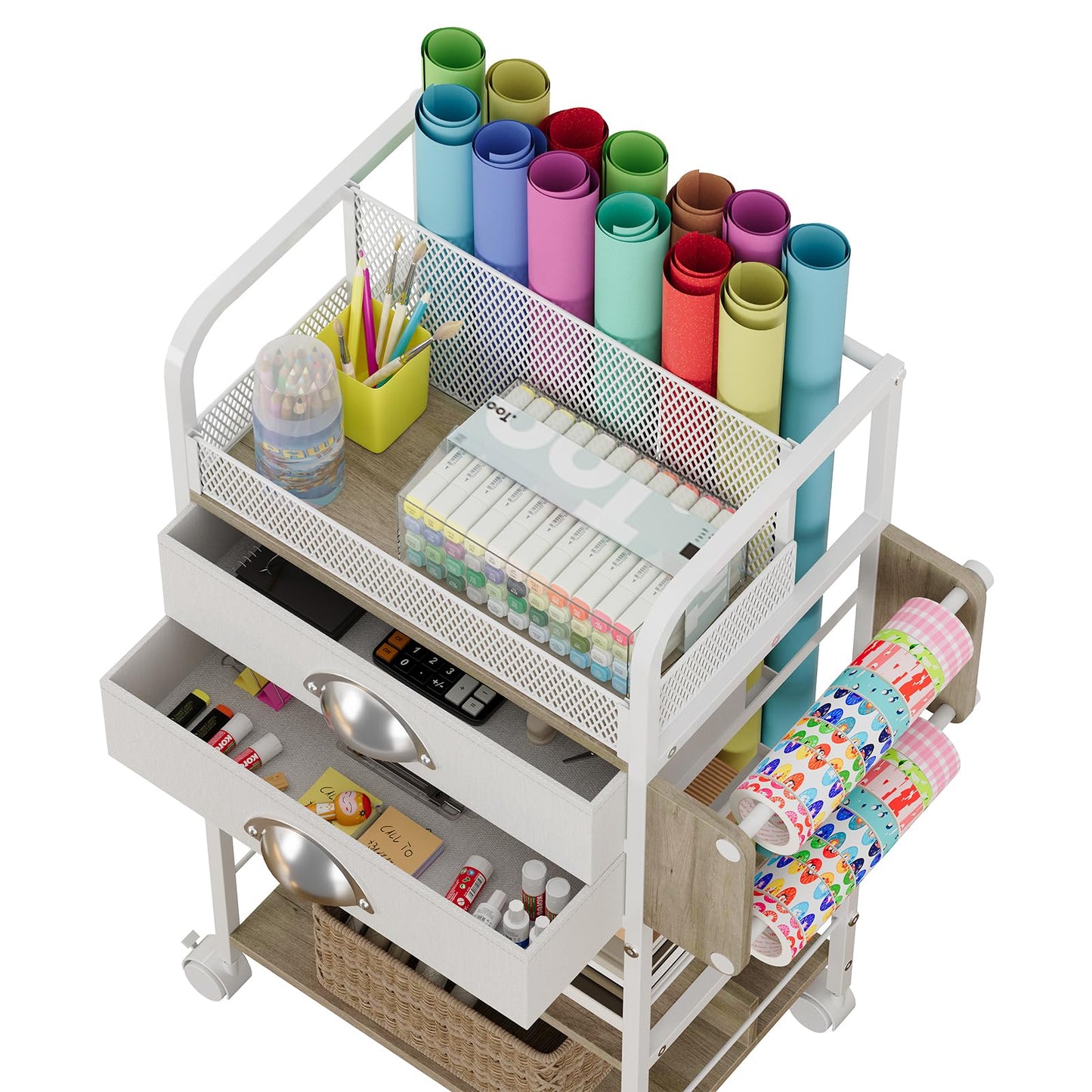 Rolling Craft Storage Cart with 2 Small Fabric Drawers & Lockable Wheels, DIY Organizer for Wrapping Paper, Paints, Brushes, Craft Supplies, Multi-Tier Craft Cart Tape Holder, 16.54x11.4x32.68 Inches