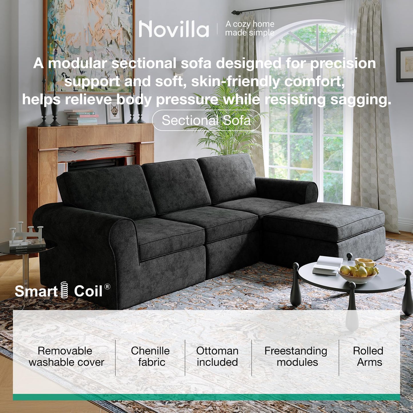 Novilla 108" Modular Sectional Sofa, Modular Sectional Couches for Living Room Bedroom, Chenille Removable Cover Cloud Couch with Smarts Coil® Support L-Shaped Couch(Dark Grey, Left-Arm Chair)