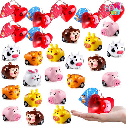 JOYIN 28 Pack Valentine Day Animals Pull Back Vehicles for Kids with Gift Cards and Filled Hearts, Go Car Toy Sets for Toddlers Kids Valentine School Classroom Exchange