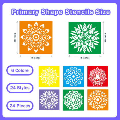 24 Pieces Stencils,Large Drawing Stencils Chalk Template,8 Inches Washable Shape Template Stencils Kit for Crafts,Painting Drawing (Mandala, 8 inch)