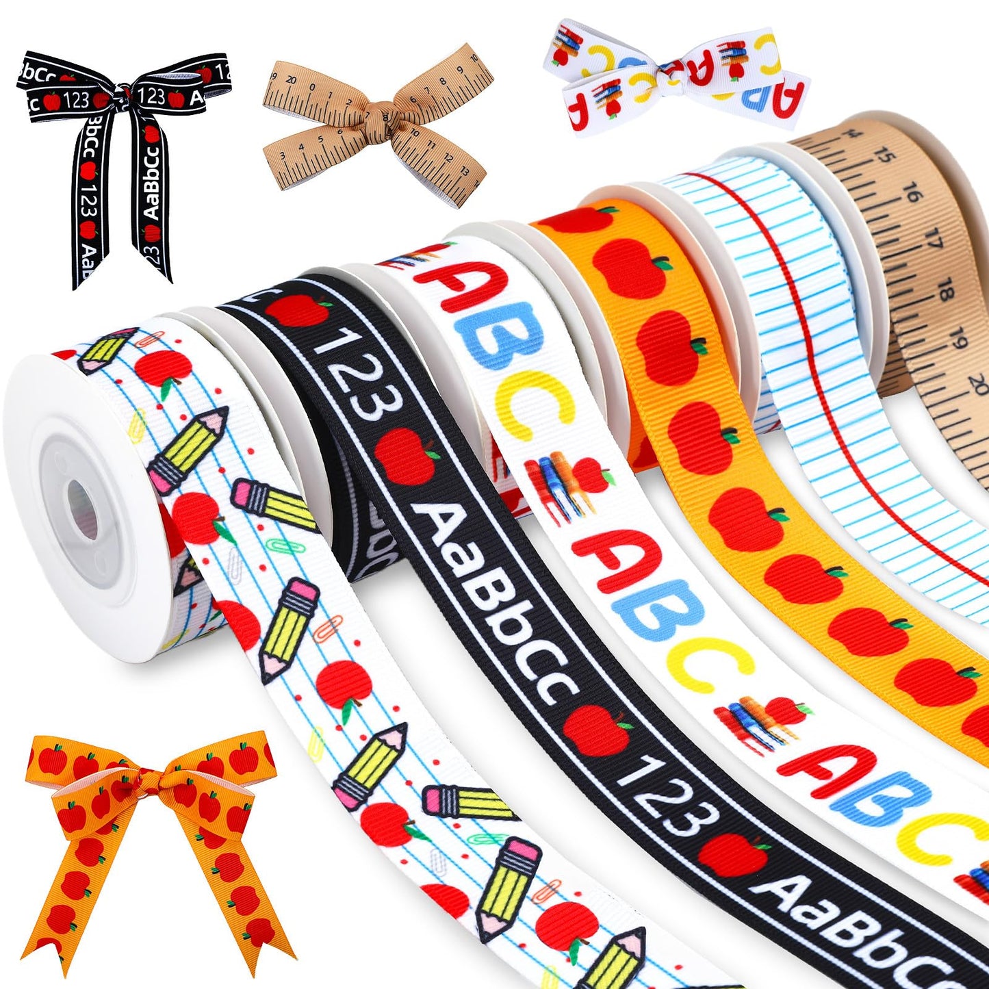 DECYOOL 6 Rolls Back to School Ribbon 36 Yards Teacher Appreciation Gift Wrapping Ribbon 7/8 inch Wide ABC Pencil Apples Ruler Craft Ribbon for Classroom Decorations DIY Project Supplies