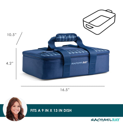 Rachael Ray Lasagna Lugger, Thermal Insulated Casserole Carrier for Hot or Cold Food, Lugger Tote for Potluck, Parties, Picnic, and Cookouts, Fits 9" x 13" Baking Dish, Navy Gingham
