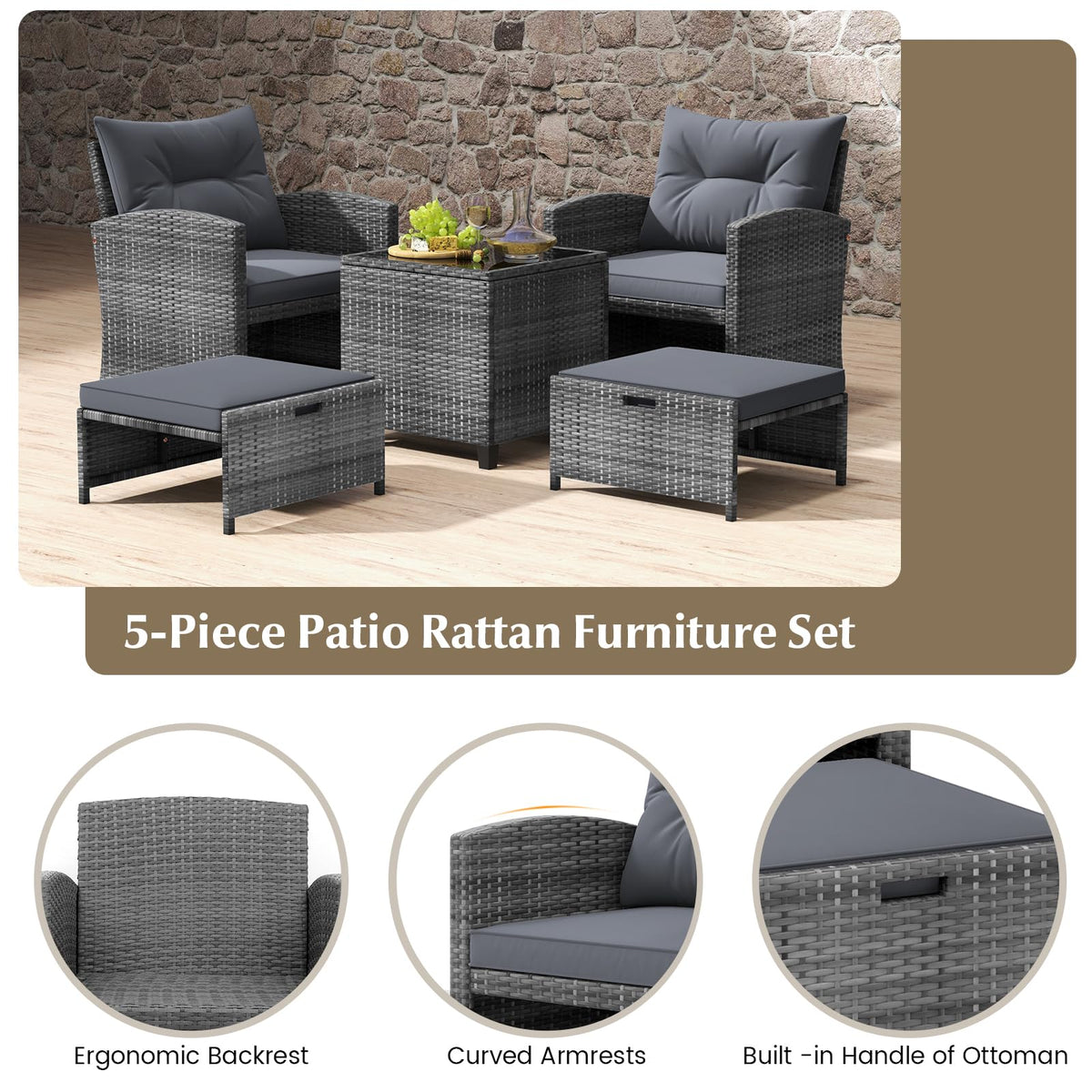 Tangkula 5 Pieces Patio Conversation Set, PE Wicker Rattan Outdoor Furniture Set with 2 Chairs, 2 Ottomans & Tempered Glass Coffee Table, Ideal for Poolside, Backyard, Lawn, Deck, Grey