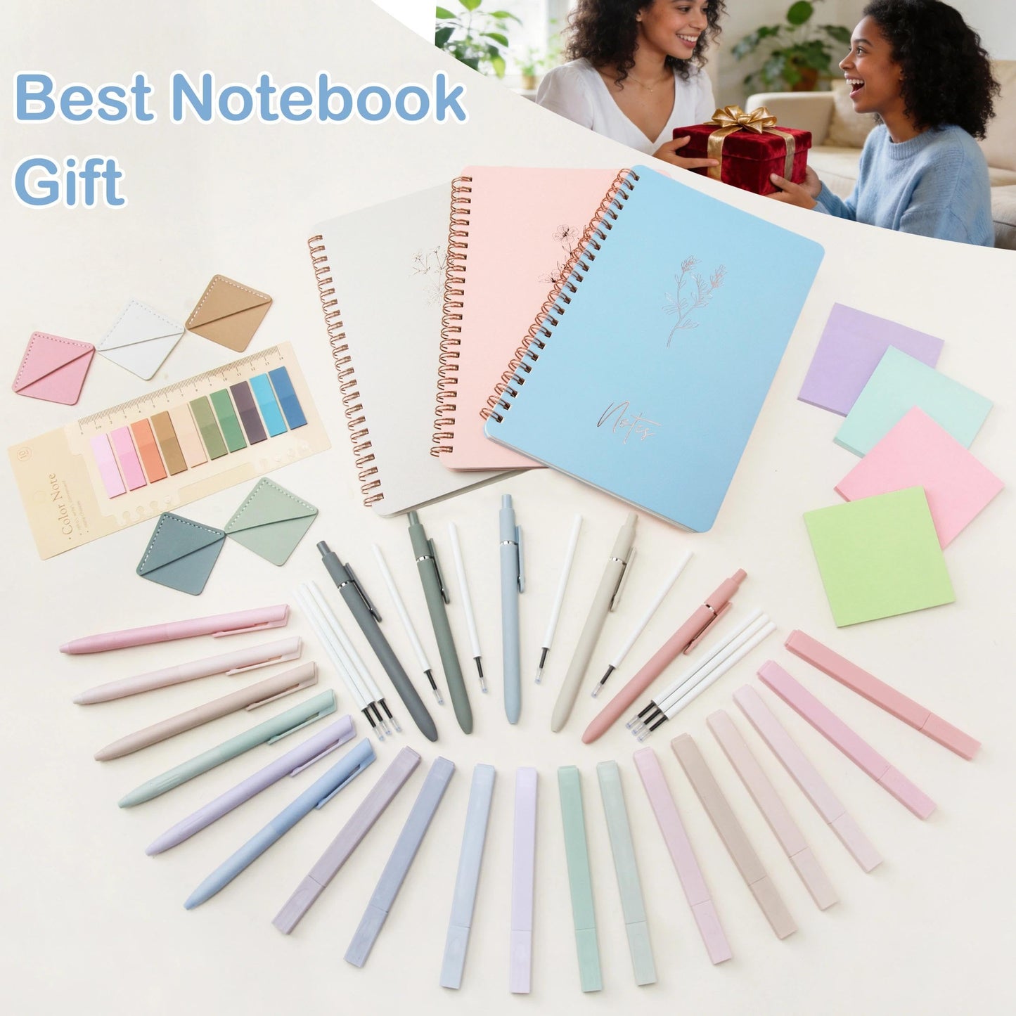 Tuhangcc 47PCS Spiral Notebook Stationary Set for Women,Bible Journal Set, 3PCS Unique A5 Spiral Notebooks 12 Highlighters, Sticky Notes & Bookmark Tabs 5 Gel Pen for Work Office Supplies (Blue)