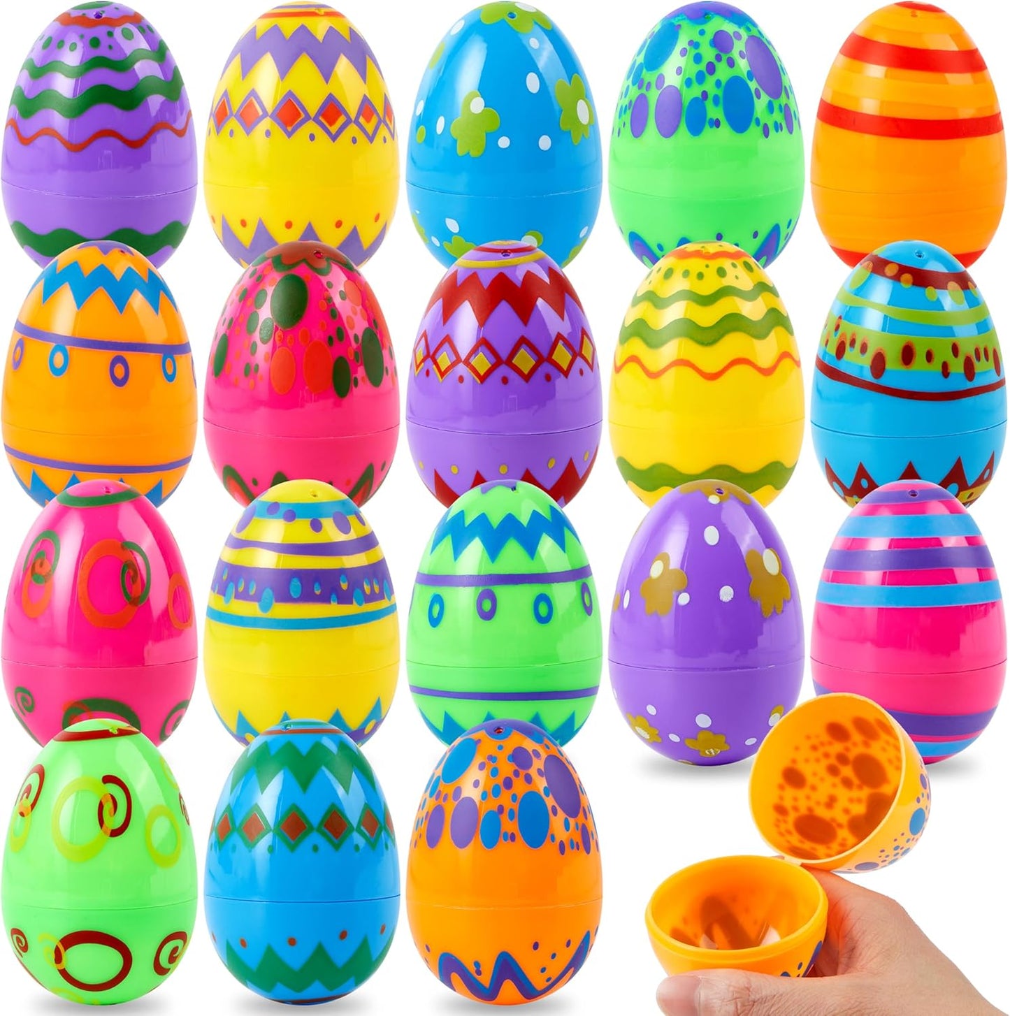 24PCS 3.15" JOYIN Printed Easter Eggs, Empty Fillable Colorful Plastic Eggs Bulks for Easter Hunt, Basket Stuffers