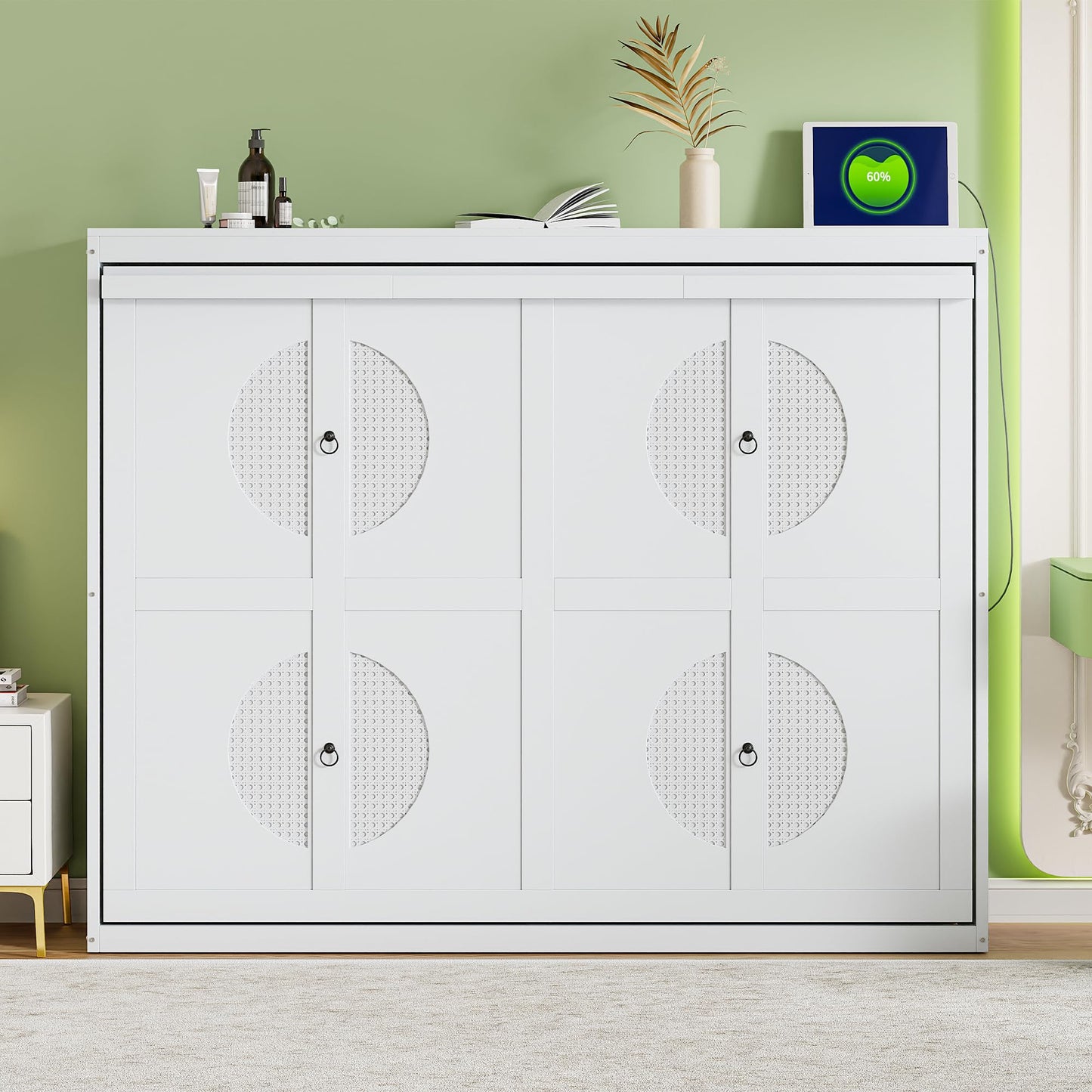 Ball & Cast Murphy Bed Queen Size Wall Chest with Charging Station and Slat Support,Wood Hideaway Cabinet Platform Bedframe w/Leg,can be Folded,Space-Saving,for Small Room,Dorms,White