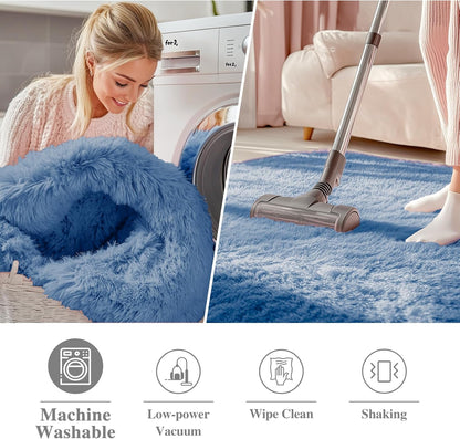 OLANLY Blue Round Rug - Soft, Fluffy Shaggy Carpet | 4 ft Machine Washable Area Rug for Bedroom & Living Room