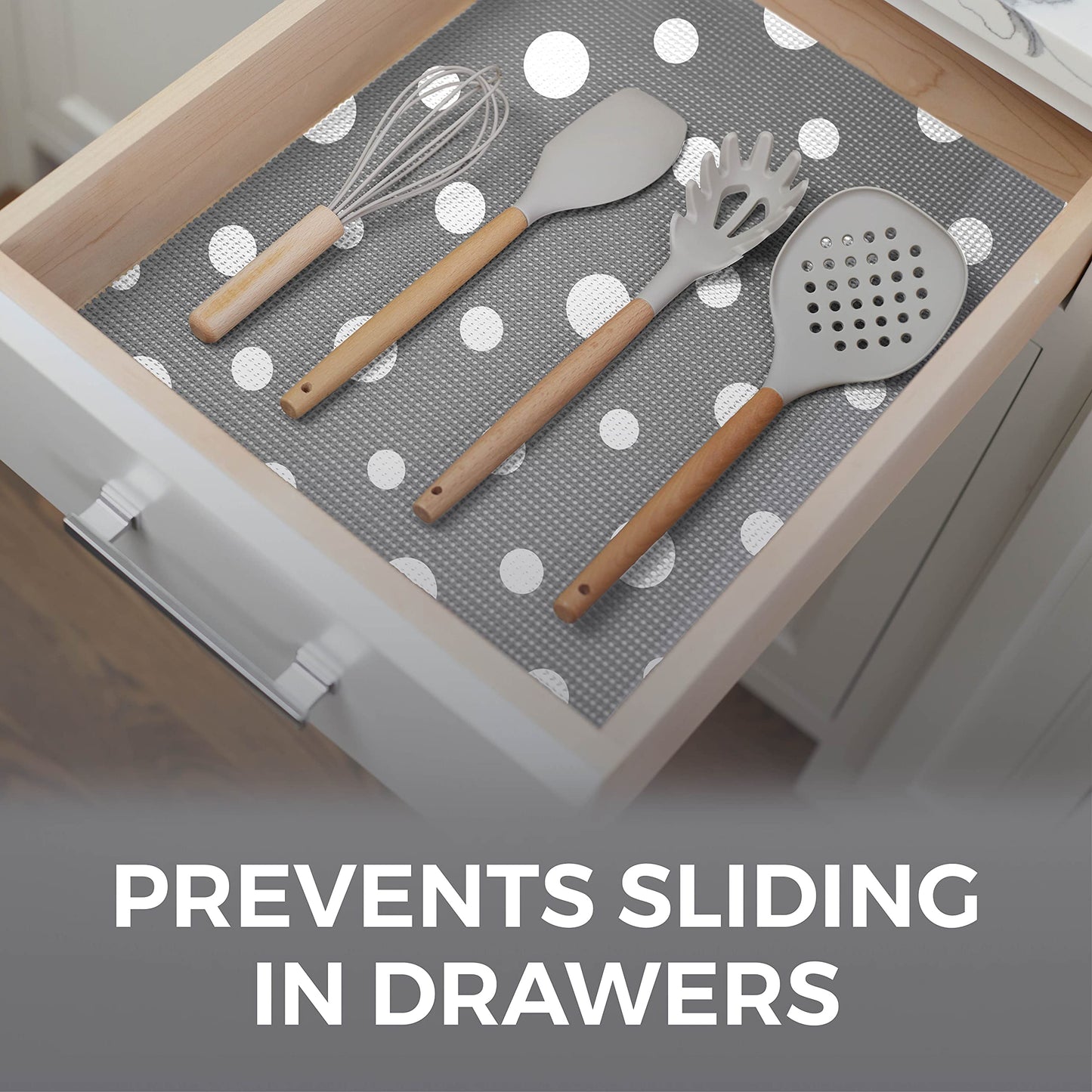 HOME GENIE Shelf Drawer and Cabinet Liner, Durable with Strong Grip, 12 in x 20 FT, Non Adhesive Liners Protect Kitchen Cabinets and Cupboard, Bathroom Drawers and Shelves, Desks, Dots Gray White