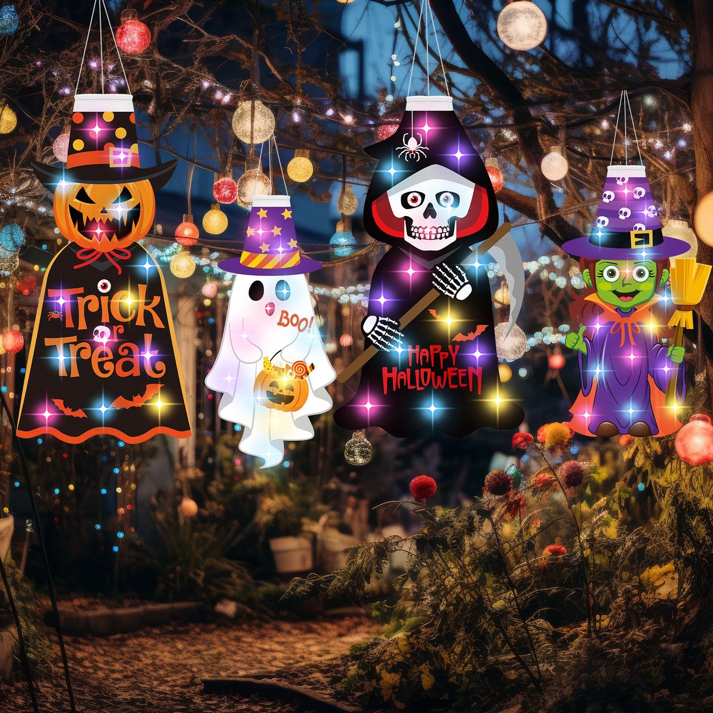 Amyhill 4 Pcs Halloween Windsocks with LED Lights Outdoor Decoration Pumpkin Ghost Skeleton Witch 40 Windsock Flag Hanging Decorations for Yard Tree Porch Garden Patio Halloween Party Supplies