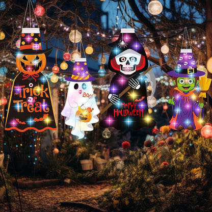 Amyhill 4 Pcs Halloween Windsocks with LED Lights Outdoor Decoration Pumpkin Ghost Skeleton Witch 40 Windsock Flag Hanging Decorations for Yard Tree Porch Garden Patio Halloween Party Supplies