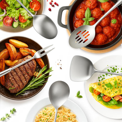 5 Pcs Newness Cooking Utensils Set, 304 Stainless Steel Kitchen Utensils Set, Metal Kitchen Accessories, Include Soup Ladle, Slotted Skimmer Spoon, Spaghetti Spoon and Spatula, Dishwasher Safe