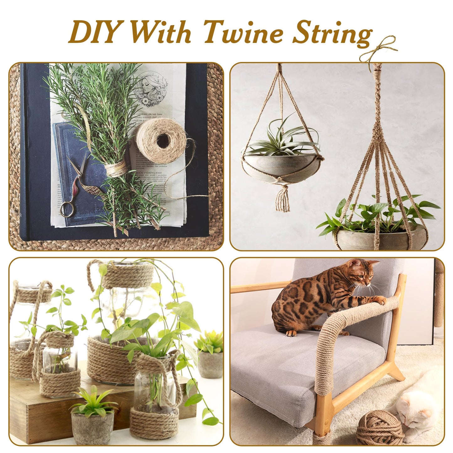 4mm*328 Feet Natural Jute Twine String DIY Home Decor,Medium Thick Jute Twine for Crafting Gift Wrapping Packing Gardening Crochet Knitting Macrame Decor,6-Strand Twisted Brown Rope for Cat Tree