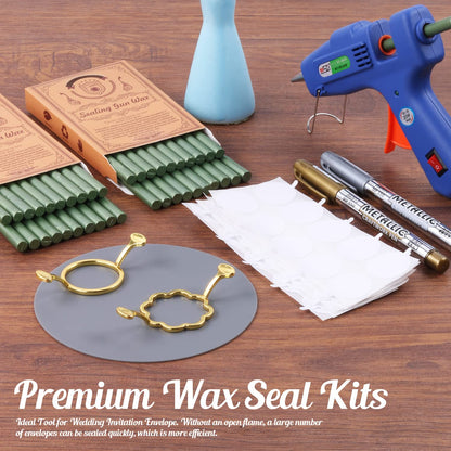 Wax Seal Kit, WASOHLING 40Pcs Pine Green Sealing Wax Sticks with Glue Gun, Wax Seal Molds, Silicone Waxing Mat, Marker Pens, Premium Kit for Wedding Invitations Envelopes Cards (Pine Green)