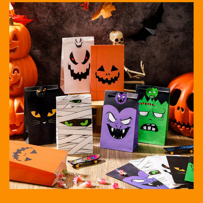 TaoBary Halloween Treat Bags Cute Trick or Goody Bags Halloween Paper Favor Bag with 6 Assorted Designs Stickers for Trick or Goody Birthday Party Event Supplies(30 Pcs)