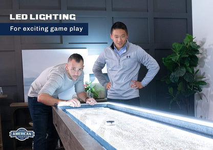 American Legend Kirkwood 9’ Shuffleboard Table with LED Rails, Bowling Game Set, Rustic Wood Finish & Accessories Included