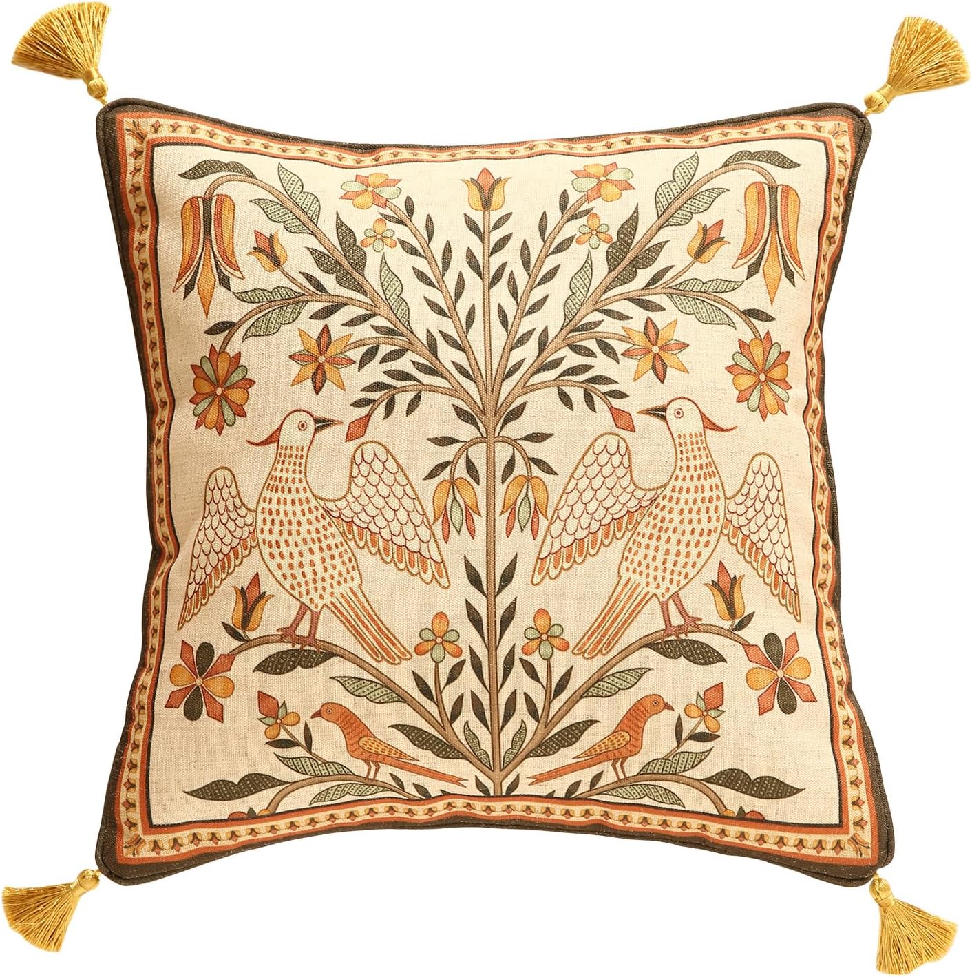 18"x18" bilin gaier Square Brown Throw Pillow Covers,Floral Farmhouse Yellow Birds Flower Pattern Linen Accent Pillows