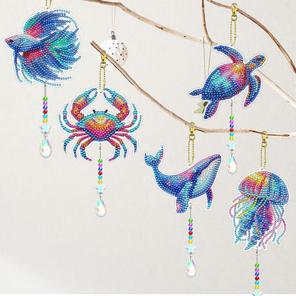 JeCuiK 6 Pcs Ocean Diamond Art Kits for Adults Diamond Painting Wind Chimes Sea Animal Diamonds Painting Suncatcher Double Sided Small Diamond Painting Kits Best Gifts for Mom