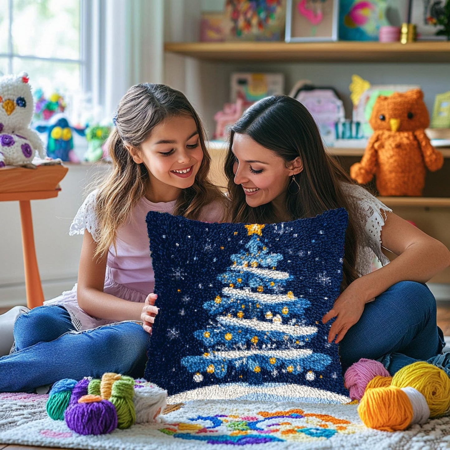 DIY Latch Hook Pillow Kits for Adults Merry Christmas Winter Christmas Tree Pillow Cover Printed Pillowcase Crochet Yarns Hooking Handmade Cushion for Home Sofa Decoration 17x17inch(3)