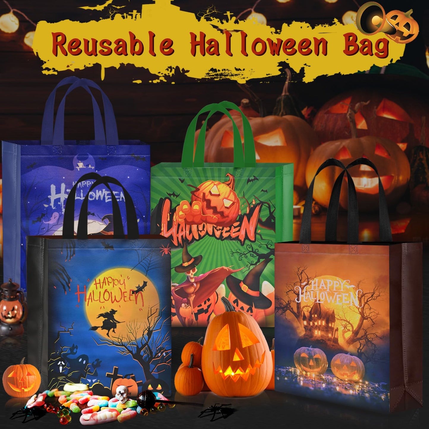 AhfuLife 12 Pcs Halloween Trick or Treat Bags, Large Candy Tote Bags with Handles, Reusable Non-Woven Gift Bag for Halloween Party Supplies Favors (15×11.8×3.9’’)