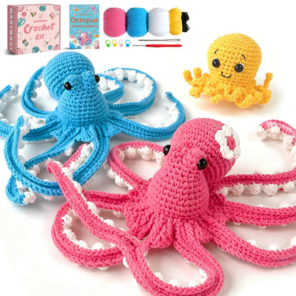 MAGIMUSE Crochet Kit for Beginners, Octopus Family Amigurumi Set with Step-by-Step Video Tutorials – DIY Craft Knitting Supplies, 40% More Yarn
